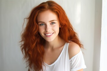 Closeup of happy attractive young woman with long wavy red hair and freckles wears stylish t shirt looks happy and smiling isolated over background