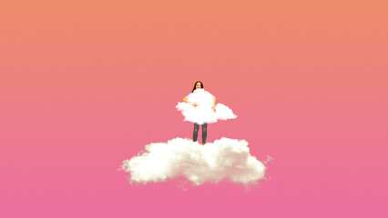 Cheerful, smiling young woman standing on fluffy clouds over pink sky background. Contemporary art...