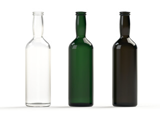 3D rendering, Empty glass bottles of green, brown, and clear bottles