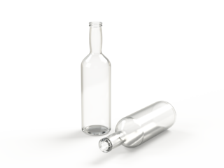 3D rendering, Empty glass bottles of green, brown, and clear bottles