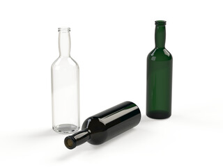 3D rendering, Empty glass bottles of green, brown, and clear bottles