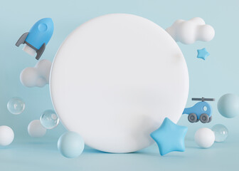 Blue and white background with rocket, clouds and copy space in the middle. It's a boy backdrop with empty space for text. Baby shower or birthday invitation, party. Baby boy birth announcement. 3D.
