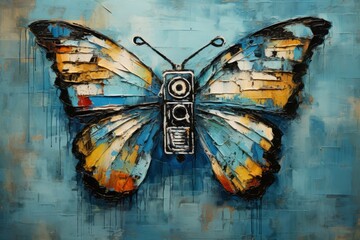 Blue butterfly with camera. Beautiful illustration picture. Generative AI