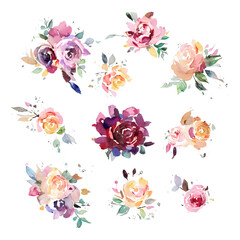 Set of watercolor illustrations vintage flowers roses, collection retro painting isolated white background