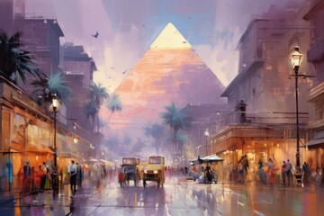 Street with pyramid in the background. Beautiful illustration picture. Generative AI