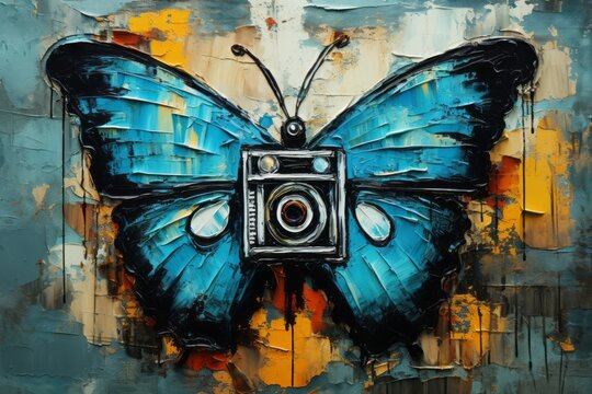 Blue butterfly with camera. Beautiful illustration picture. Generative AI