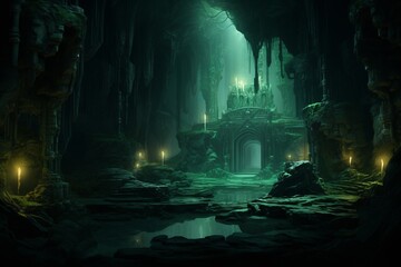 Cave made of jade stone. Beautiful illustration picture. Generative AI