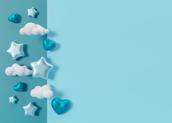 Blue background with hearts, clouds, stars and copy space. It's a boy backdrop with empty space for text. Baby shower or birthday invitation, party. Baby boy birth announcement. 3D render.
