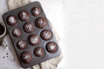 Chocolate muffins with chocolate chips in a muffin pan copy space 