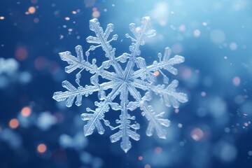 Blue and white color. Close up view of a snowflake. Beautiful illustration picture. Generative AI