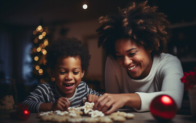 Black african american dark-skinned smiling mother and son making christmas cookies at home. Holidays and celebration concept