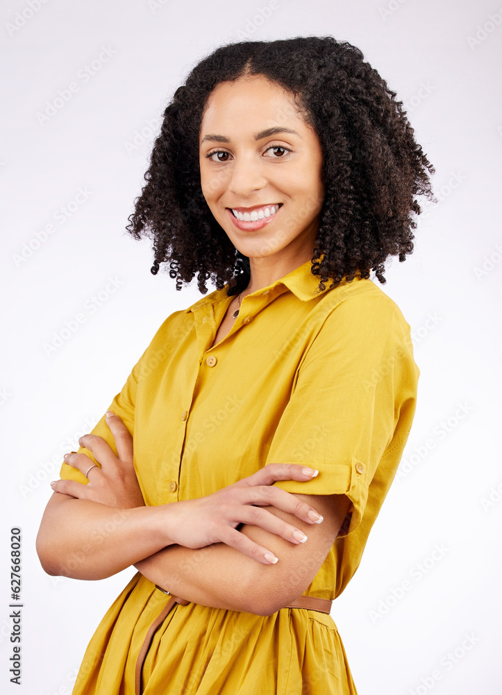 Wall mural Smile, fashion and portrait of a woman in studio with a positive mindset isolated on a white background. Confident, arms crossed and young African female person with inspiration, style and motivation