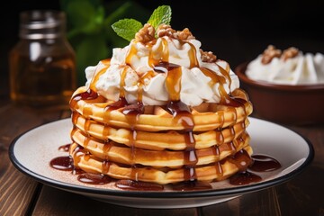 Pancakes with maple syrup, waffles with whipped cream. Generative AI