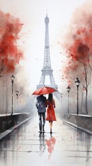 Couple standing in Paris, rainy day, with red umbrella. Beautiful illustration picture. Generative AI