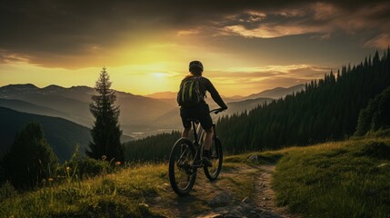 Obraz premium Mountain biking woman riding on bike in summer mountains forest landscape. Generative AI