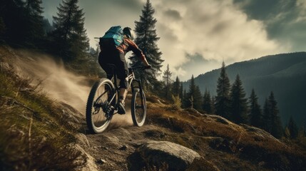 Naklejka premium Mountain biking woman riding on bike in summer mountains forest landscape. Generative AI