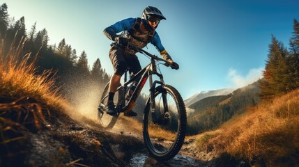Fototapeta na wymiar Active male cyclist riding bike on a mountain. Generative AI