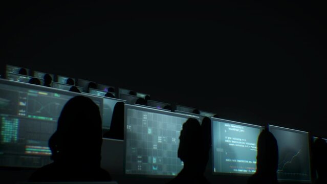 Background animation of sillhouettes hundreds people working in IT company