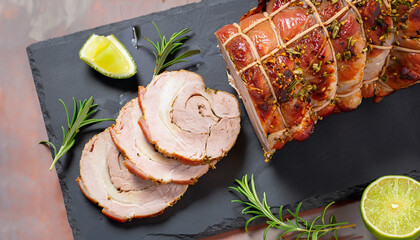 overhead view of sliced roast pork roulade - Porchetta, delicious pork roast of Italian culinary holiday tradition on a slate tray with rosemary and lime, close-up, authentic recipe, copy space