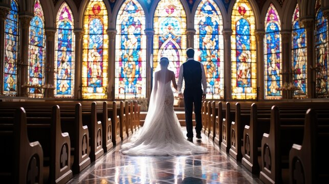 Bride and groom in church, stain glass. Generative AI