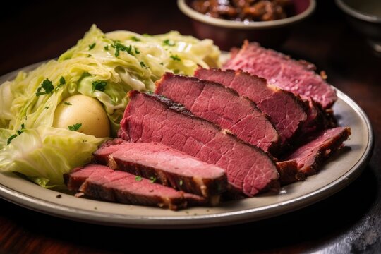 Corned beef is served with mashed potatoes. Generative AI