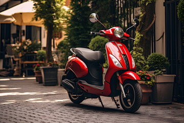 Obraz na płótnie Canvas A red scooter parked on a sidewalk in a town