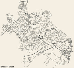 Detailed hand-drawn navigational urban street roads map of the BREST-5 CANTON of the French city of BREST, France with vivid road lines and name tag on solid background