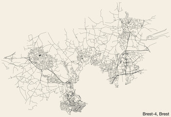 Detailed hand-drawn navigational urban street roads map of the BREST-4 CANTON of the French city of BREST, France with vivid road lines and name tag on solid background