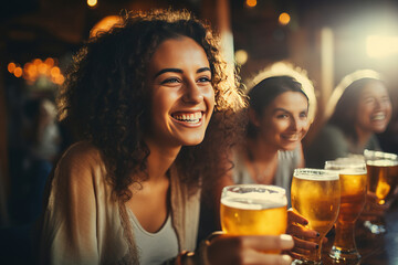 Happy friends drinking beer at brewery bar. Group of people cheering and drinking beer at bar pub table