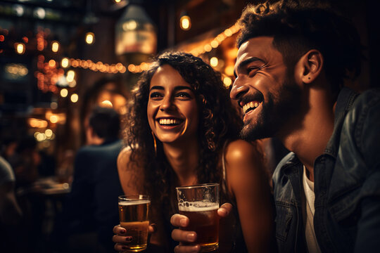 Happy friends drinking beer at brewery bar. Group of people cheering and drinking beer at bar pub table
