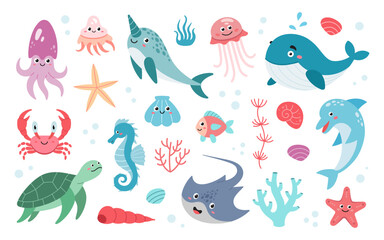 Set of hand drawn ocean creatures. Cartoon Sea animals. Vector doodle style set of sea life objects for design. Vector illustration isolated on white background