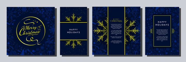 Obraz na płótnie Canvas Set of Midnight Blue and Yellow Christmas Template Designs. Beautiful Monochromatic Christmas Backgrounds with blue soft Christmas element patterns. Social Media Story, Card, a4 Poster. Vector. EPS 10