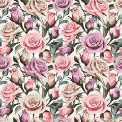 Seamless floral patterns with pink roses on the light background.
