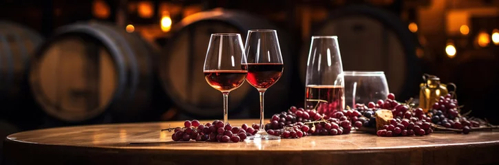 Fotobehang Still-life with wine, Wine in wine glass with grapes and barrel decorative © arhendrix