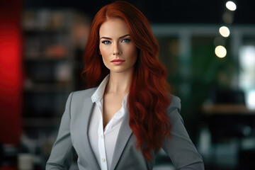 Naklejka premium Beautiful woman with red hair in a suit in the office. AI generative.