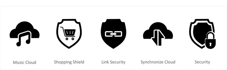 A set of 5 Internet icons as music cloud, shopping shield, link security