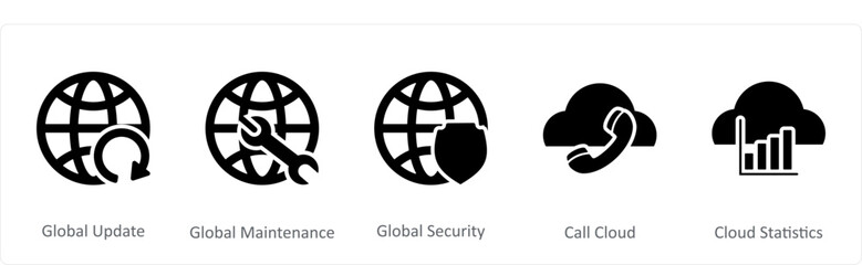 A set of 5 Internet icons as global update, global maintenance, global security