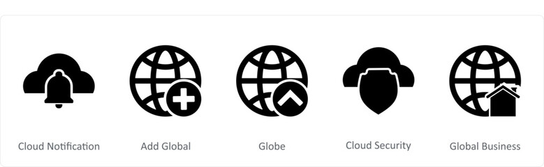 A set of 5 Internet icons as cloud notification, add global, globe