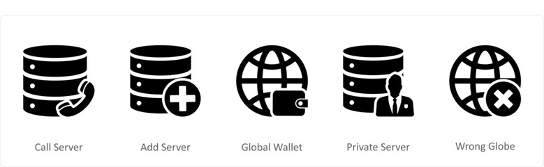 A set of 5 Internet icons as call server, add server, global wallet