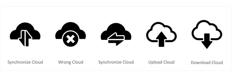 Fototapeta premium A set of 5 Internet icons as synchronize cloud, wrong cloud, upload cloud