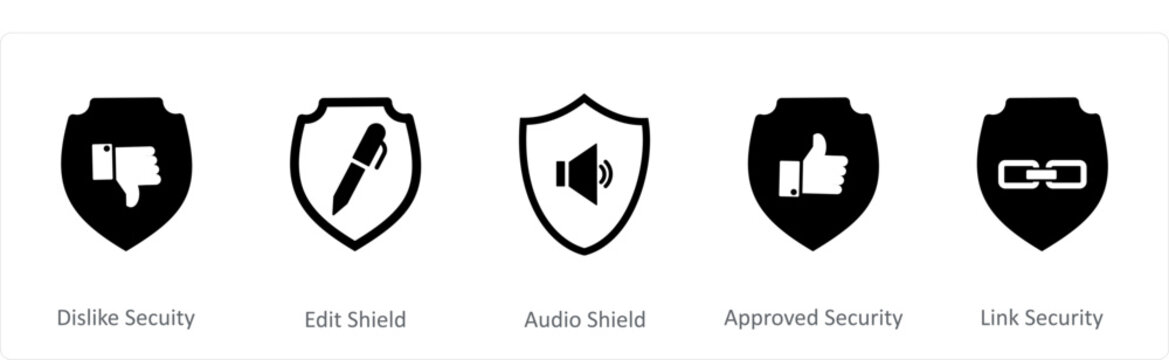 A set of 5 Internet icons as dislike security, edit shield, audio shield