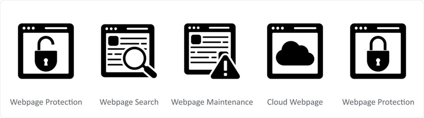 A set of 5 Internet icons as webpage protection, webpage search, webpage maintenance