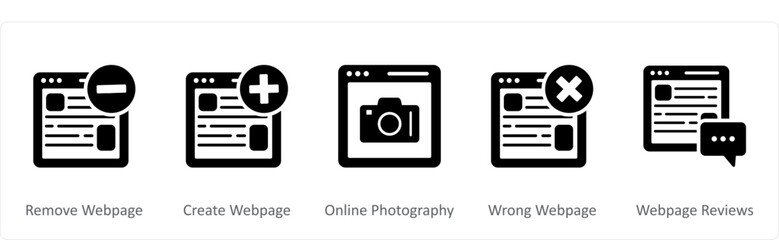 A set of 5 Internet icons as remove webpage, create webpage, online photography