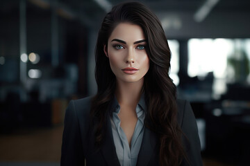 Fototapeta premium Beautiful woman with dark hair and blue eyes in a jacket in the office, businesswoman. AI generative.