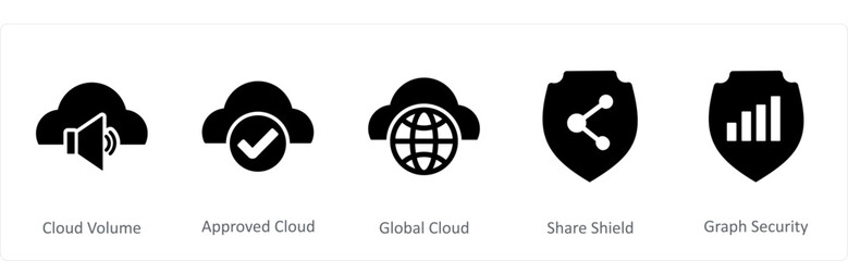 A set of 5 Internet icons as cloud volume, approve cloud, global cloud