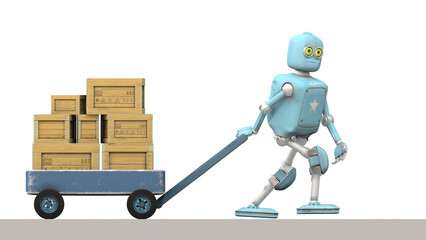 Retro robot moving cart with boxes, 3D video render cartoon style, isolated on transparent background.