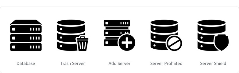 A set of 5 Internet icons as database, trash server, add server