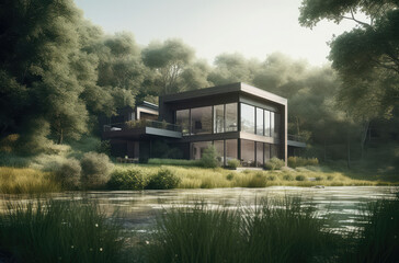 3d model of a modern suburban house surrounded by trees and flowers, generative AI