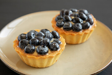 Blueberry tarts on a plate, low angle view. Close-up.