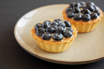Blueberry tarts on a plate, side view. Close-up.